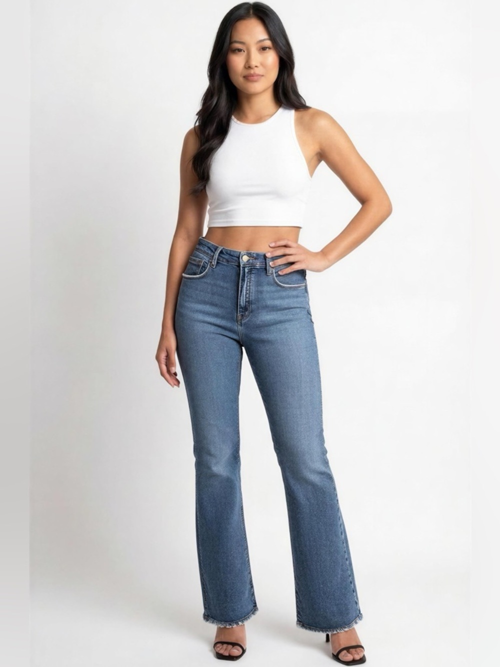 Good American Button Fly High-Rise Medium Blue Flare Jeans Size 14